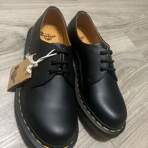 Dr. Martens Black Leather Oxfords with Yellow Stitching